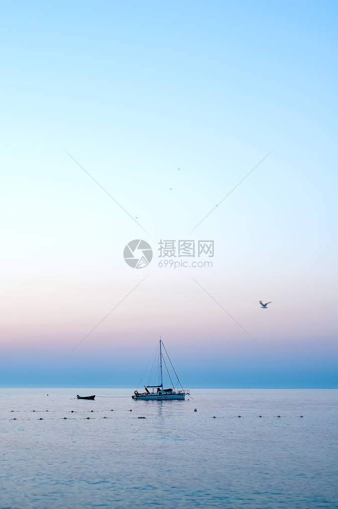 在美丽的日出和天空背景上飞翔的海鸥的海上光图片