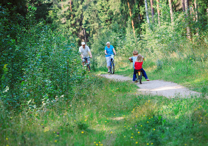活跃的老年夫妇与孩子在大自然中骑自图片