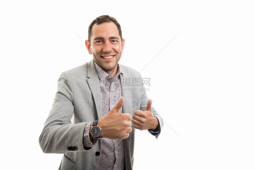商业人用复制空间广告区展示双拇指举牌和在白色背景上被孤立图片