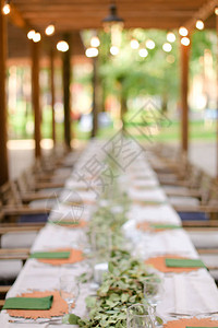 盛宴的长桌和装饰品餐饮设施的概图片