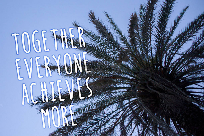一起手写文本每个人都能取得更多成就概念意义团队获得成功高大棕榈树蓝天思想信息图片