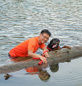 人与狗在湖中玩耍图片