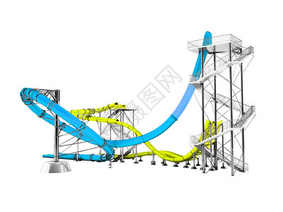 现代蓝色黄水滑车在3D后为水公园游动图片