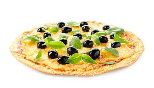 白色背景的橄榄美味比萨图片