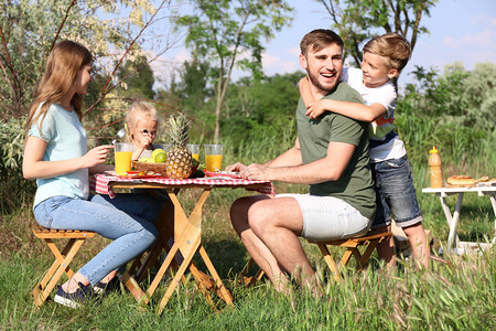 家庭在夏日野餐桌图片