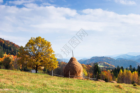 与干草堆的秋天风景山村图片