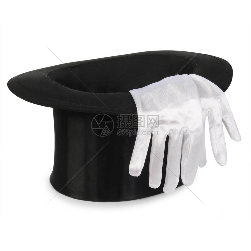 黑顶帽子白底带一对白手套在白图片