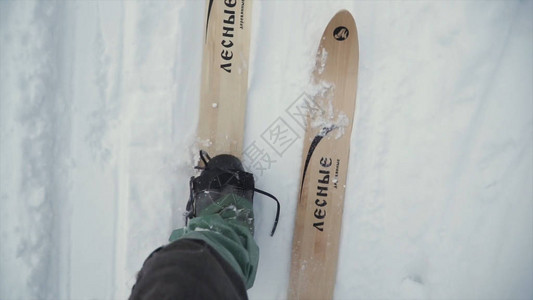 滑雪靴固定在雪地上的滑雪板上从顶部的视图夹子从上面图片