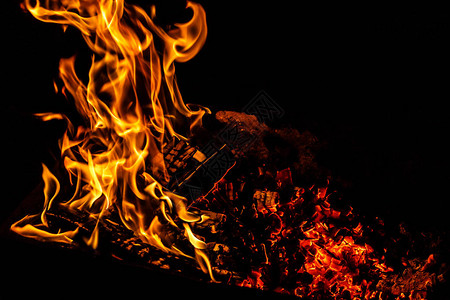近距离观察壁炉中明亮的热火焰图片
