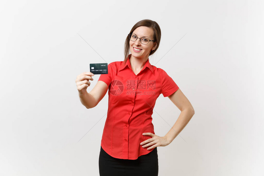 穿着红色衬衫裙子眼镜的漂亮年轻商务老师女人的画像图片
