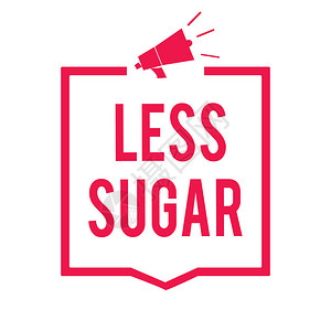 文字书写文本少糖在我们吃的任何食物或饮料中降低甜度的商业概念扩音器扬声器红框传达背景图片