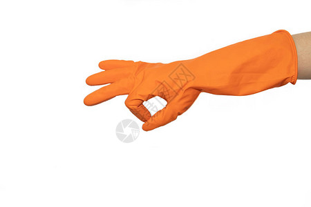 橙色橡胶手套的好标志准备清洗清洁后双手清洁叽喳的人洗地板图片