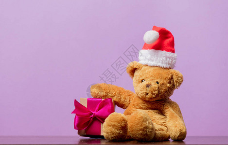 戴圣诞礼帽的老泰迪熊和穿紫色图片