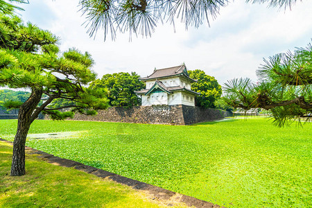 在东京市日本城建有护城和桥的帝国宫殿背景图片