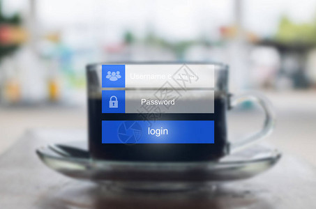 触摸屏上的登录界面在咖啡杯模糊背景的虚拟数字显示器上触摸登录框用户图片