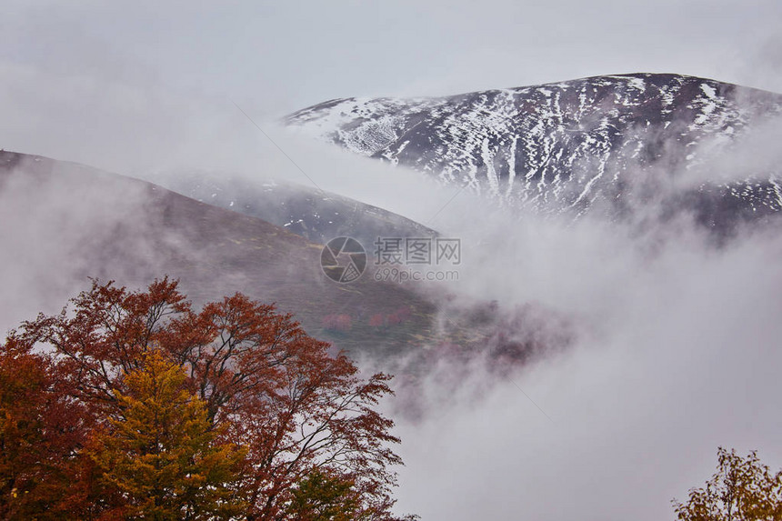 雾中的山峰云层的峰顶寂静的秋天风图片