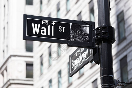 美国纽约市曼哈顿下城的华尔街牌背景图片