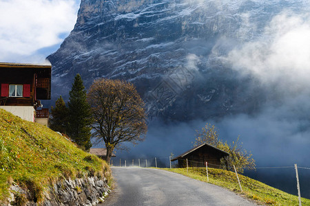 瑞士秋天山丘中的道图片