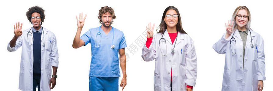 一群医生护士外科医生在孤立的背景下展示并用四号手指向上指着图片