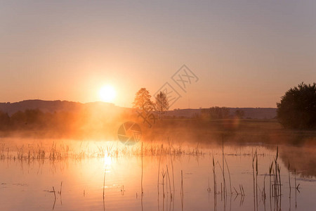 朦胧的金色日出反射在春天的湖上图片