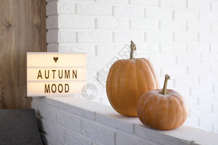 房间白色室内的黄色秋葫芦和带有秋天心情的装饰灯架秋季舒适简背景图片