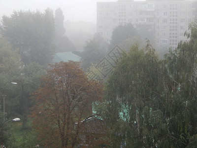 早晨的秋雾在城市上空图片