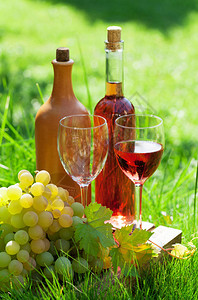 玫瑰酒瓶和葡萄葡萄园的户外图片