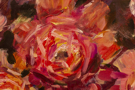 画花布背景油画特写花大红紫罗兰花玫瑰牡丹特写宏在画布上现代印象派背景图片