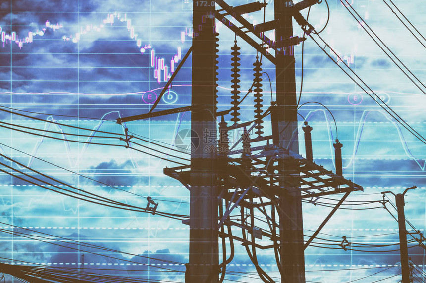 电线杆和天空股票图表作为背景随着全球市场股票和能源业图片