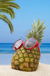 菠萝和太阳眼镜在海滩图片
