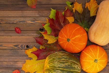 感恩节背景秋天的蔬菜浆果和叶子在木板上图片