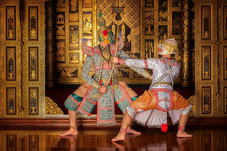 艺术文化泰国在文学罗摩衍那蒙面孔舞背景图片