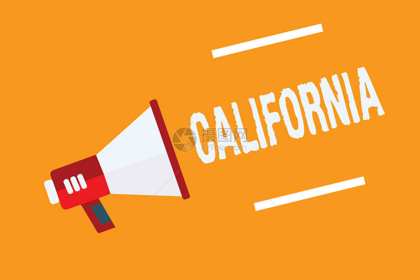 显示加利福尼亚的概念手写商业照片文本状态在美国西海岸滩好莱坞扩音器扬声器橙色背景图片