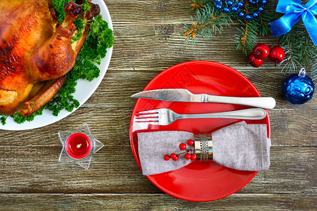 节日餐桌上的传统菜肴火鸡感恩节或圣诞节的日晚餐顶视图圣诞图片