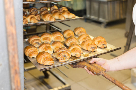 在德国南部的一家面包店用金棕色美味的烤箱背景图片