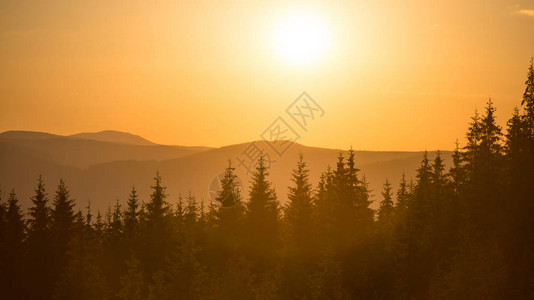 山上的日落全景与森林和大阳光图片