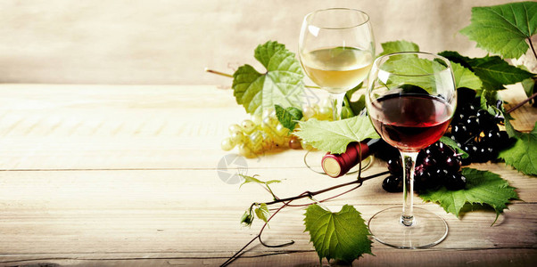 老式木桌上的红酒和白葡萄酒瓶子和葡萄藤酒厂和品酒的概念餐厅藤列表背景图片