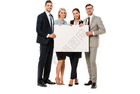 成功的商业团队手持空白标牌白纸上孤图片