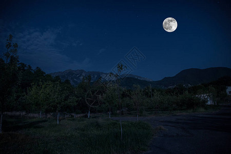 满月之夜穿过森林的山地路黑暗蓝天和月背景图片