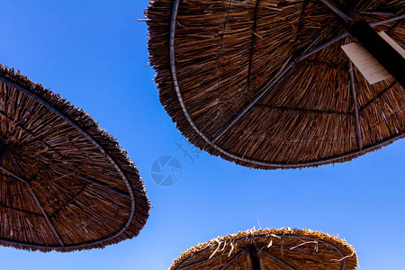 从下面的蓝天上射出的沙滩雨伞由木制和图片