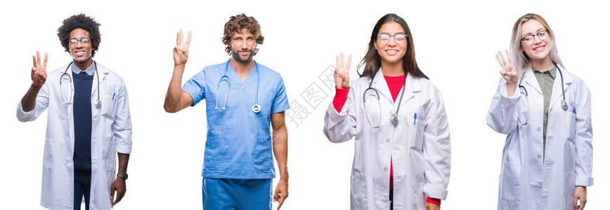 一群医生护士外科医生在孤立的背景下展示并用三号手指向上指点图片