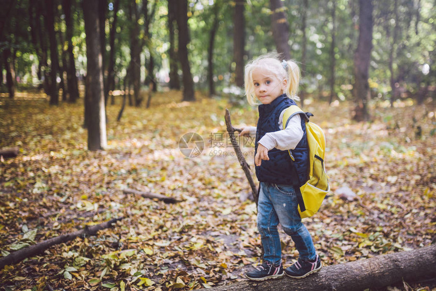 有趣的白种金发小姑娘在森林里徒步行图片