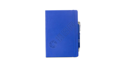 蓝色皮革PU议程日记笔本与笔筒隔离在白色背景在文具中图片