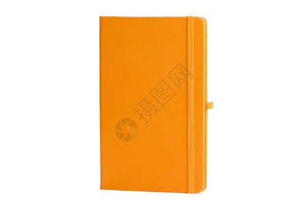橙色皮革PU议程日记笔本与笔筒隔离在白色背景在文具中图片