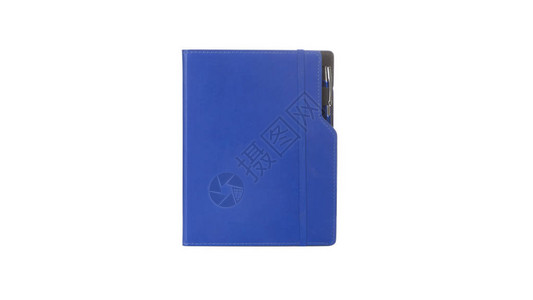 蓝色皮革PU议程日记笔本与笔筒隔离在白色背景在文具中背景图片