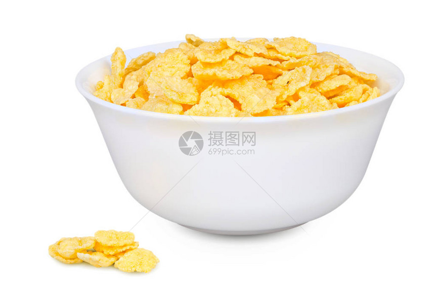 玉米薄片一碗玉米薄片在白色背景与图片