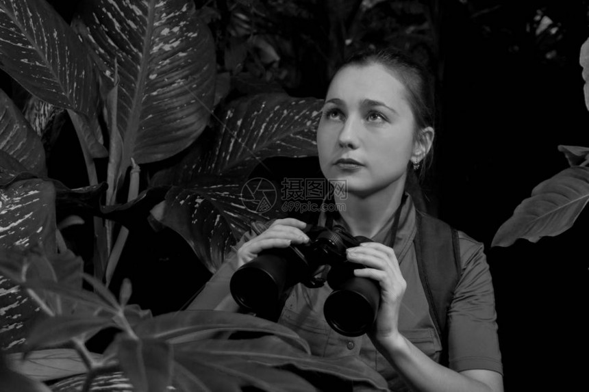 丛林里有双筒望远镜的女孩仰望着阴暗图片