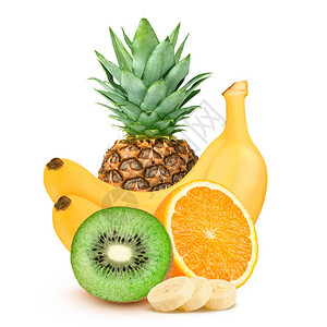 孤立的水果白色背景中的菠萝橙子和香蕉图片