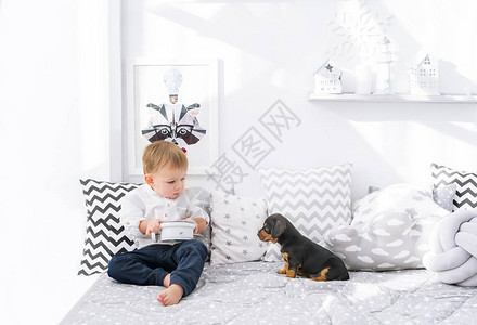 小男孩子坐在床上和小狗图片