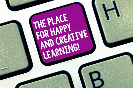 手写文字书写快乐和创造学习的地方概念意义好学校新教育理念键盘意图创建计算机消息背景图片